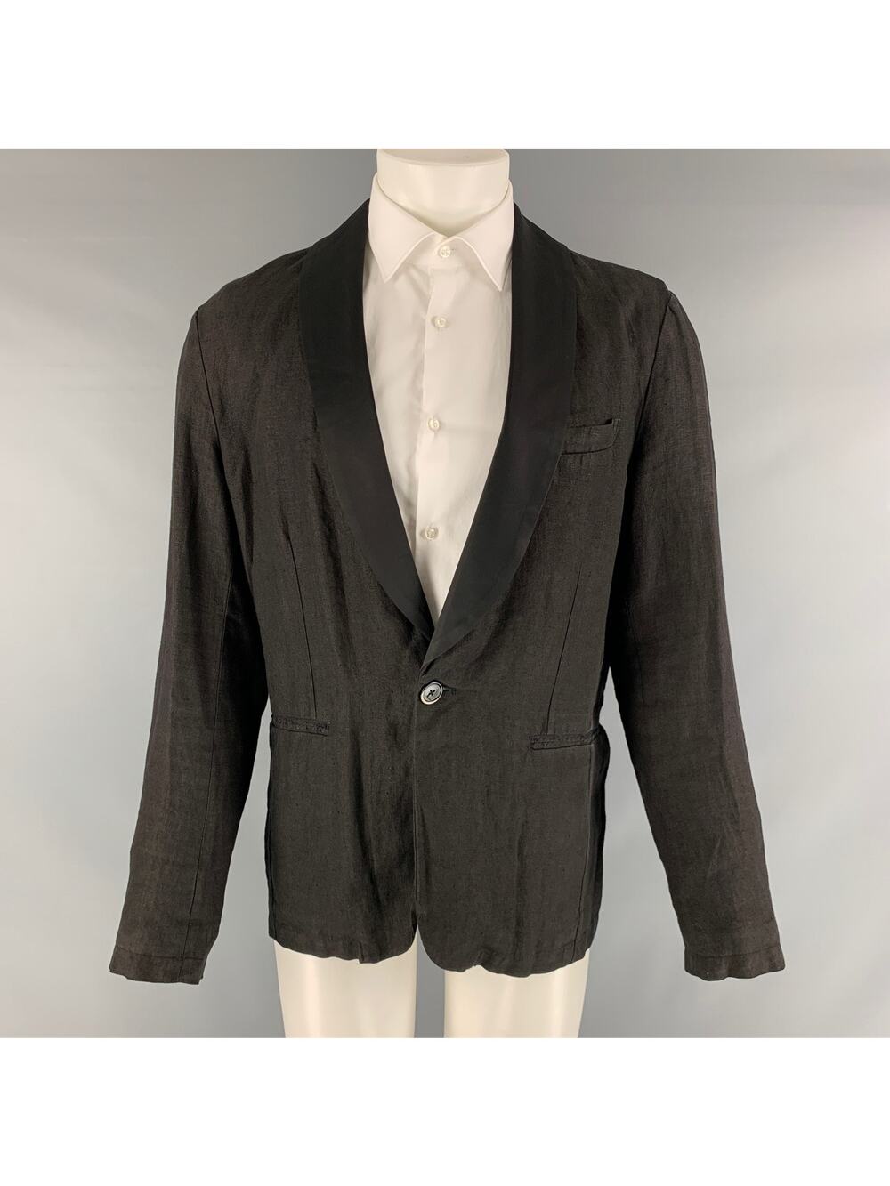 BARENA Size 40 Black Solid Linen Blend Shawl Collar Sport Coat